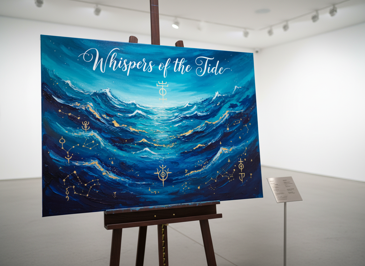 A meticulously hand-painted canvas titled “Whispers of the Tide,” resting on an elegant easel in a minimalist white gallery space. The painting depicts an abstracted ocean, deep ultramarine and turquoise layers blending with delicate gold accents that suggest spiritual symbols and constellations. A small brushed-metal placard beside the easel hints at medium, dimensions, inspiration, and pricing without legible text. Soft, indirect gallery lighting from above creates gentle highlights on the paint’s texture and casts a refined shadow on the concrete floor. Photographic realism, shot at eye level with a slight angle, sharp focus on the artwork, background subtly blurred, evoking a sophisticated, contemplative atmosphere that highlights the originality and craftsmanship of the hand-painted art.