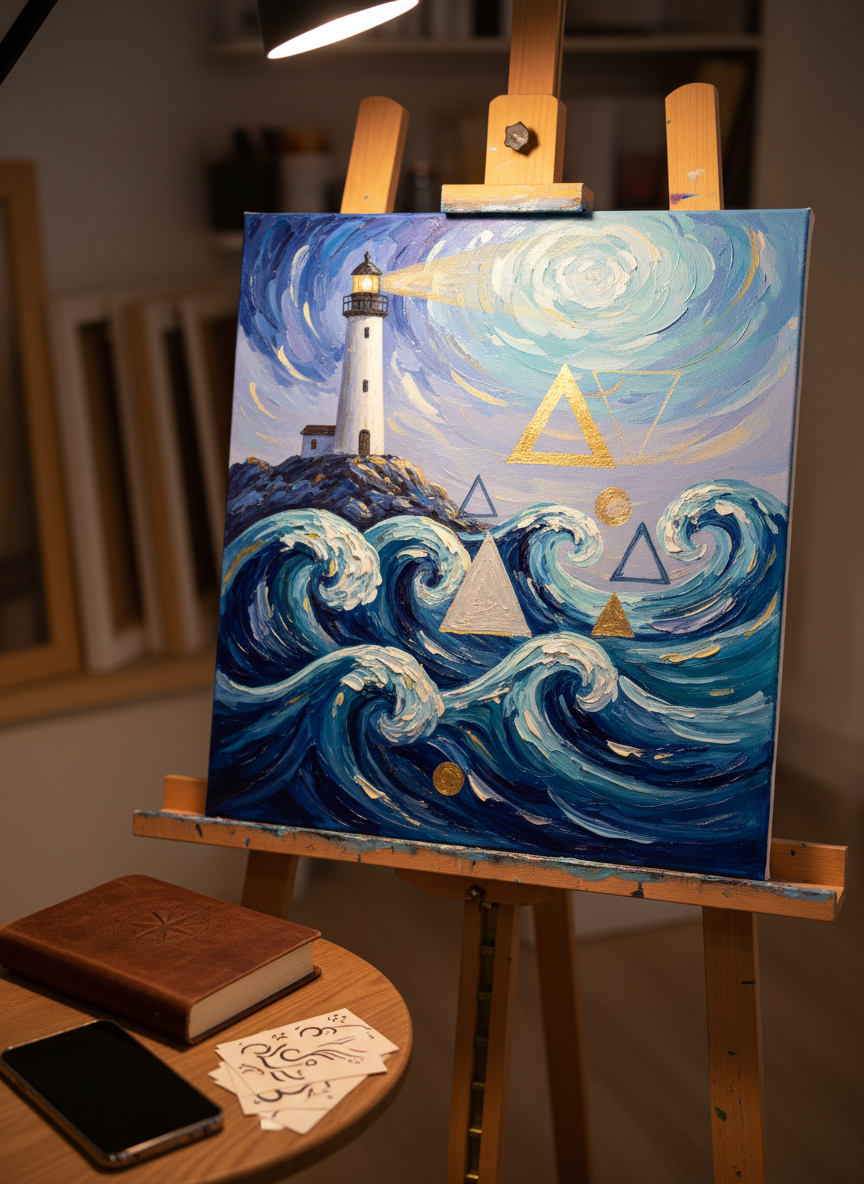 A richly textured hand-painted work in progress on a stout wooden easel, inspired by life at sea: stylized waves, a distant lighthouse, and symbolic geometric shapes emerging from swirling indigo and teal paint. Next to the canvas, a closed leather-bound notebook subtly represents the artist bio and seafaring stories, and a sleek smartphone and business-card-sized notes symbolize modern contact options, all without legible text or interfaces. Warm studio spotlights from above and the side accentuate the layered brushwork and gloss of wet paint. Photographic realism, medium close-up at a slightly elevated angle, shallow depth of field so the painting is crisp while the studio edges fade into a tasteful blur, mood introspective and imaginative.