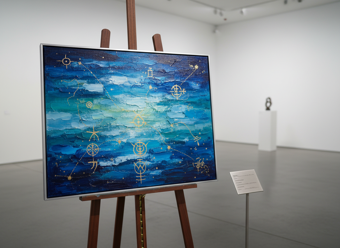A meticulously hand-painted canvas titled “Whispers of the Tide,” resting on an elegant easel in a minimalist white gallery space. The painting depicts an abstracted ocean, deep ultramarine and turquoise layers blending with delicate gold accents that suggest spiritual symbols and constellations. A small brushed-metal placard beside the easel hints at medium, dimensions, inspiration, and pricing without legible text. Soft, indirect gallery lighting from above creates gentle highlights on the paint’s texture and casts a refined shadow on the concrete floor. Photographic realism, shot at eye level with a slight angle, sharp focus on the artwork, background subtly blurred, evoking a sophisticated, contemplative atmosphere that highlights the originality and craftsmanship of the hand-painted art.