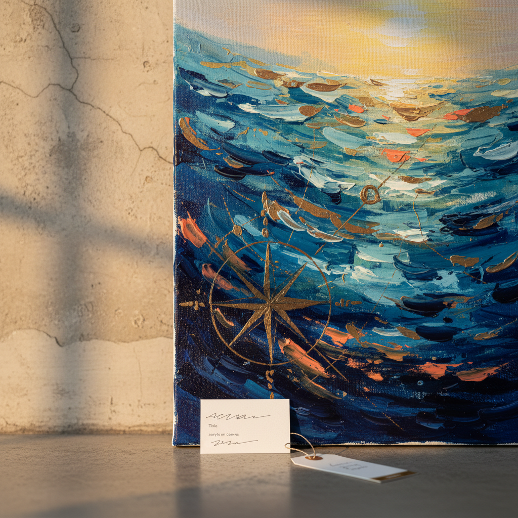 A close-up, photographic-realistic shot of the lower half of a hand-painted canvas leaning against a textured plaster wall, capturing the thick, expressive brushwork of a symbolic ocean scene: layered blues, hints of coral and sunlit gold, and abstract icons suggesting compasses and inner guidance. At the canvas’s base, a simple white information card on the floor alludes to title, medium (acrylic on canvas), and dimensions with non-readable marks, while a small, elegant price tag is suggested by a subtle metallic corner. Side-lit by warm golden hour sunlight from a nearby unseen window, the paint texture casts fine shadows, mood intimate and sophisticated, with a shallow depth of field that blurs the wall and floor into soft gradients.