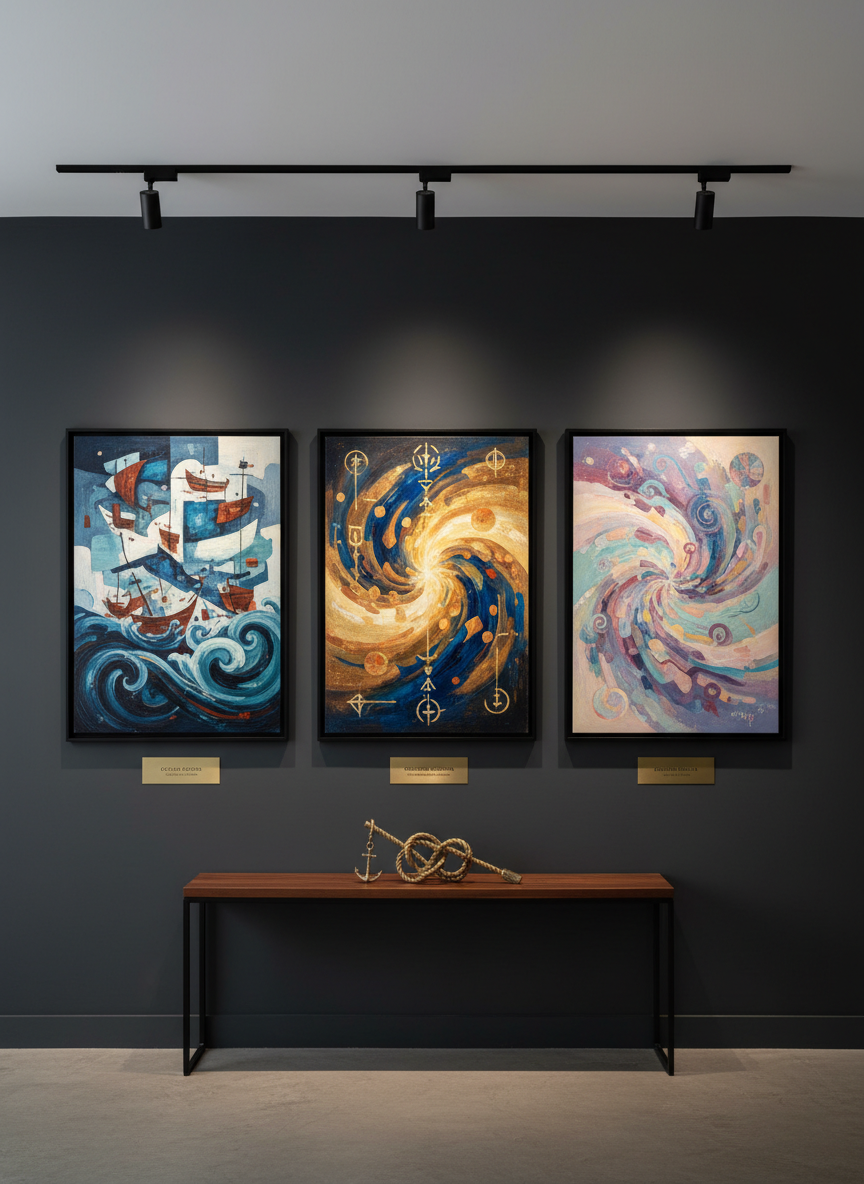 A sophisticated gallery-style wall painted in a deep charcoal gray, displaying a curated triptych of hand-painted artworks by the same artist. The left panel suggests maritime life with abstract ships and waves, the center panel glows with spiritual symbolism in luminous golds and cobalt, and the right panel explores pure imagination in swirling pastel nebula-like forms. Beneath each frame, discrete metallic plates allude to titles, mediums, and dimensions, while a slim console table holds a single sculptural object symbolizing the artist’s seafaring past. Soft, evenly diffused track lighting illuminates each painting, creating subtle halos on the wall. Photographic realism, straight-on composition, wide angle with sharp focus throughout, atmosphere refined, gallery-like, and contemplative.