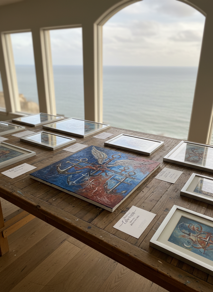 A long reclaimed-wood table in a serene studio overlooking a hazy seascape through large windows, covered with several framed hand-painted artworks laid flat and slightly overlapping. One central painting in vivid blues, rust reds, and pearlescent whites combines maritime symbols, anchors, and subtle spiritual motifs; its brushstrokes are thick and tactile. Around it, neat, minimalist cards indicate title, medium, dimensions, and pricing through non-readable markings. Soft afternoon natural light washes in, creating delicate reflections on glass and canvas texture. Photographic realism, overhead three-quarter angle, balanced composition with clear depth, mood calm and sophisticated, emphasizing the diversity and authenticity of original works ready for collectors.